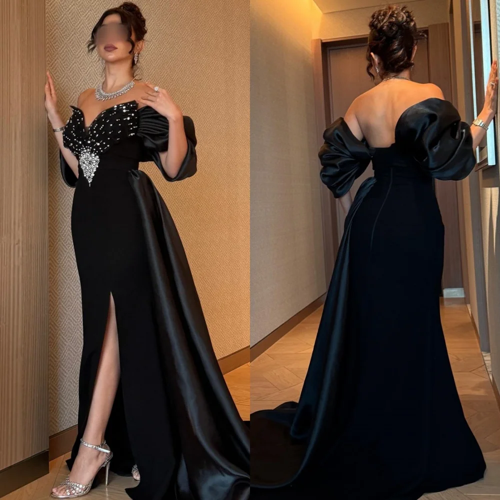 

Customized Modern Black Satin Evening Dresses Exquisite Off the Shoulder Homecoming Dresses Charming Special Occasion Gowns