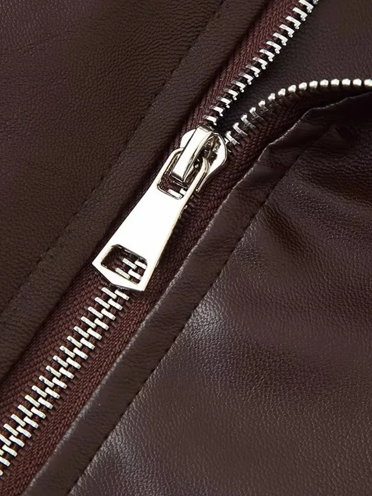 Veste en cuir ample et décontractée pour femme, manches longues, fermeture éclair, revers, à lacets, courte, vêtements d'extérieur quotidiens, automne 2025