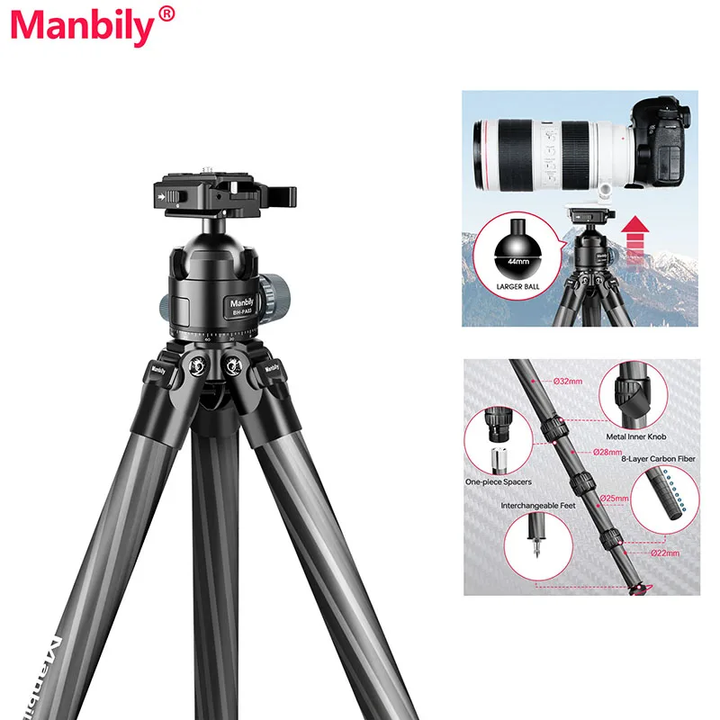 

Manbily WZ-324PA Carbon Fiber Tripod with Heavy Duty Ball head 4-sections Camera Tripod Outdoor Max.Load 20kg/44 lbs