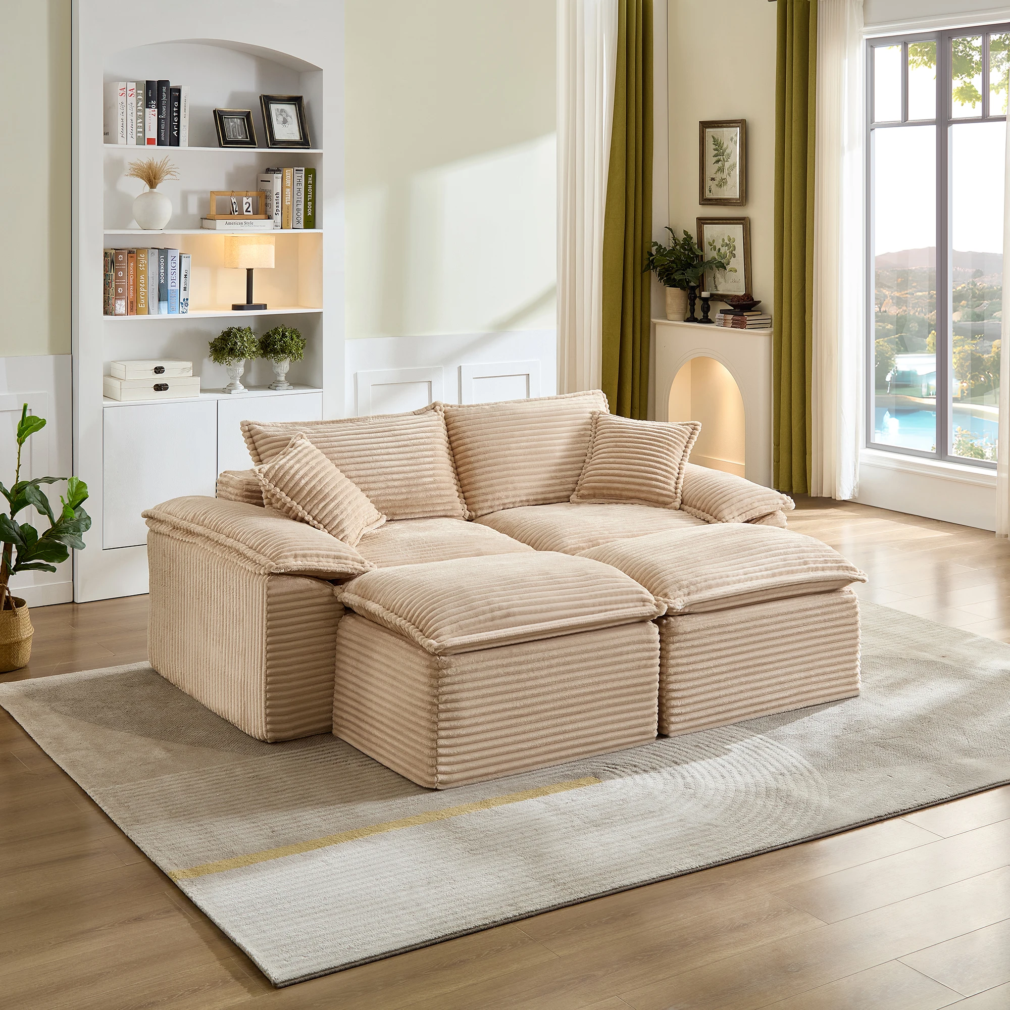 Canapé compact 2 places avec chaise longue en velours côtelé beige, mousse haute résilience et système à ressorts, design peu encombrant pour petits salons, 206 x 158 x 66 cm