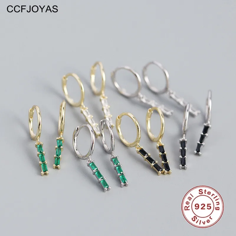 

CCFJOYAS 925 Sterling Silver Geometric Three Mini Rectangular Zircon Drop Earrings Simple ins White/Green/Black Crystal Earrings