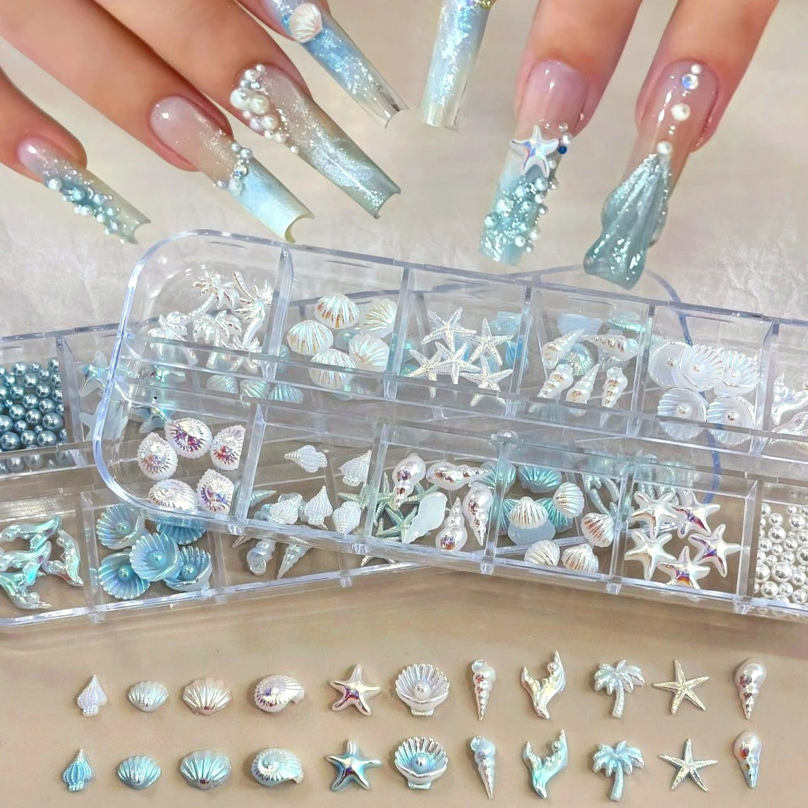 قوقعة شجرة جوز الهند حورية البحر ذيل نجمة فراشة القلب حجر الراين Bowknot عيد الميلاد ندفة الثلج مسمار الفن زينة الإكسسوارات