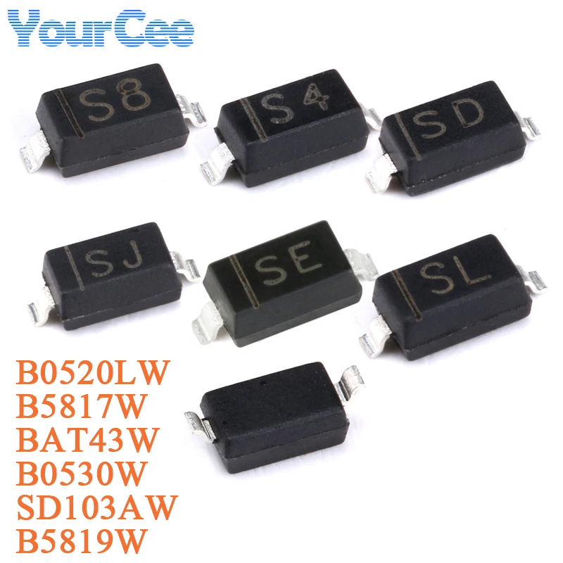 50pcs B5819W SL B0530W SE B5817W SJ B0520LW SD BAT43W S8 SD103AW S4 SOD-123 SMD Schottky Diode