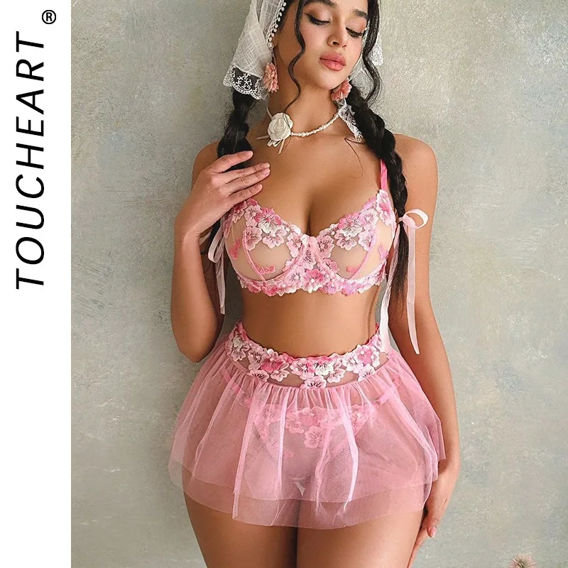 

Toucheart Erotic Fancy Lingerie Panty with Tutu Skirt Lace See-through Embroidery Body Shaping Sexy Seductive Hollow Hot Bra Set