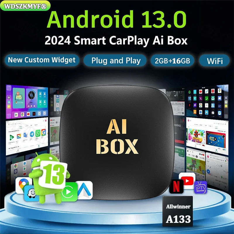 2024 Smart AI BOX Android13 Wireless Android Auto Wireless Carplay Plug And Play WIFI BT TV Box For Netflix Iptv YouTube Spotify