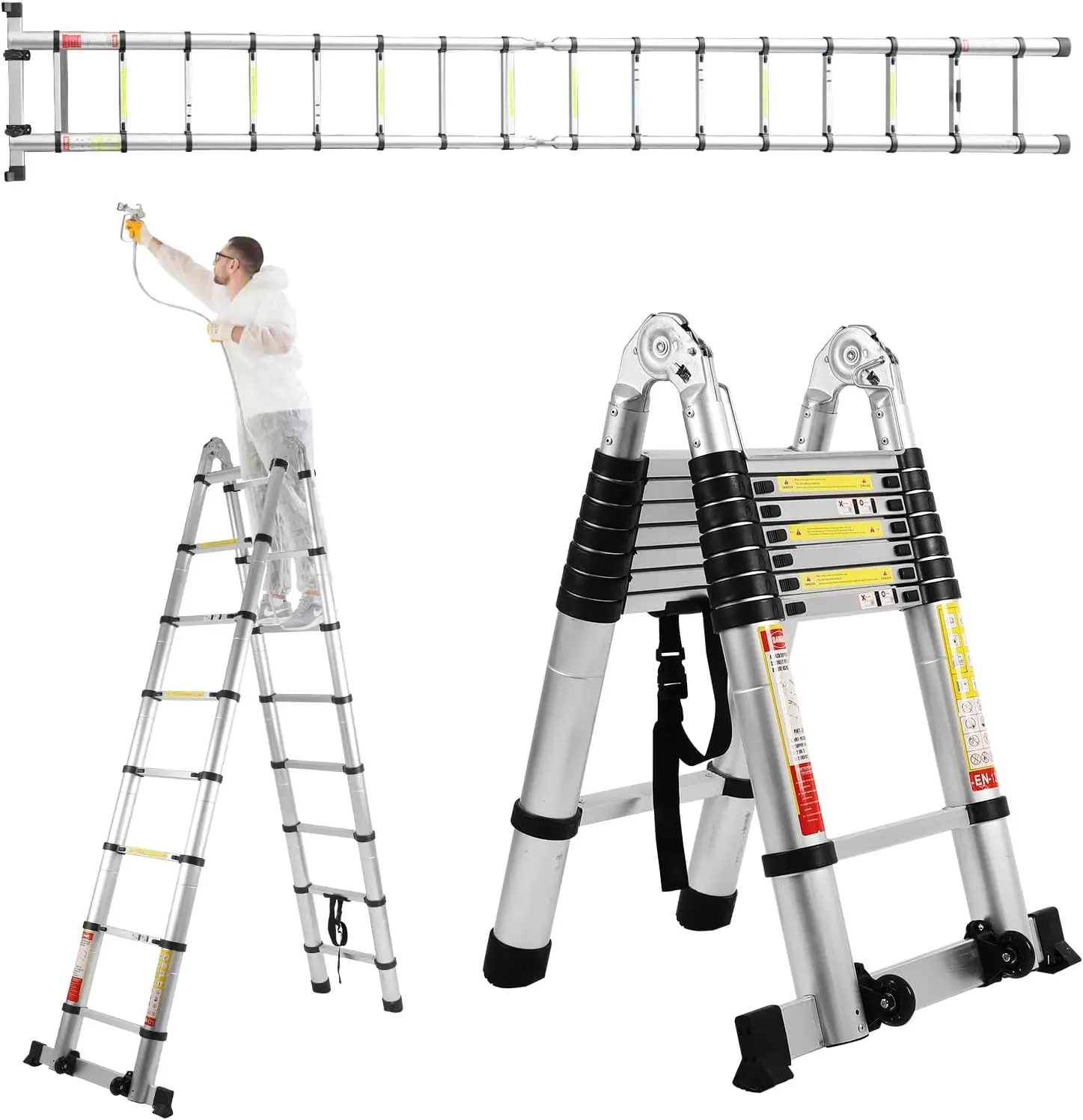 BOWEITI Telescoping Extension Ladder, 16.5FT Telescoping A Frame Ladder with Balance Bar and Movable Wheel,Household Use Folding