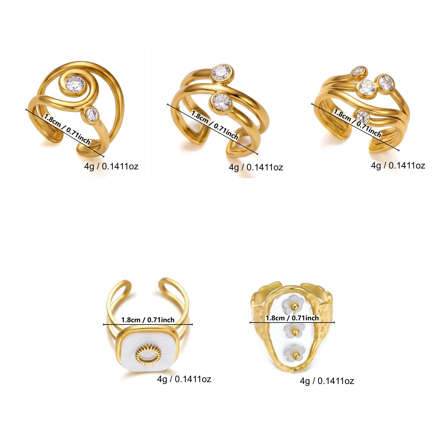 Vintage Cubic Zirconia Edelstahl Offene Ringe Set für Damen, Schicker MOP Geometrischer Ring, Party-Schmuck Geschenk, Anlaufgeschützt, Wasserdicht – Detail 9