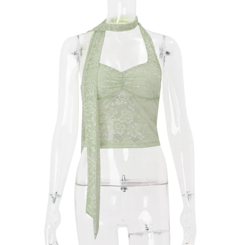 Kryptograficzny letni szalik na szyję krótki top wiązany na szyi Y2K Streetwear gorące dziewczyny seksowne koronkowe przezroczyste topy z odkrytymi plecami bielizna kamizelka ubrania