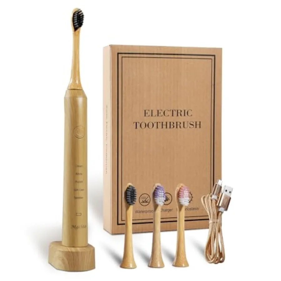 

Sonic Bamboo Electric Toothbrush for Adults - Rechargeable Electric Toothbrush -4 Pack Bamboo Repalcement Brush Heads 5 Cleanin