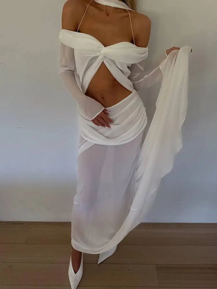 Vestido largo Sexy fruncido ahuecado para mujer, vestido Halter de manga larga sin tirantes y espalda descubierta drapeado, vestido largo elegante ajustado Y9TY