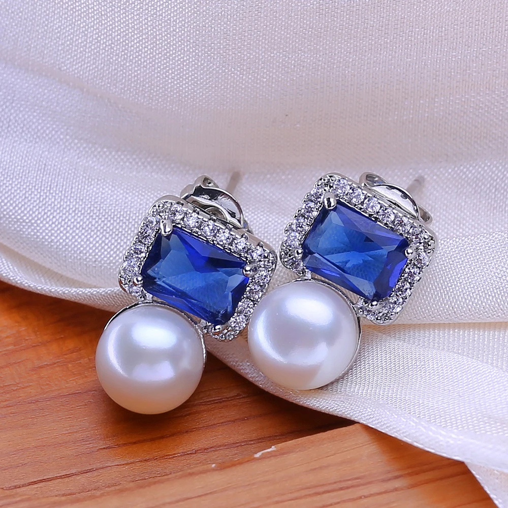 FENASY 925 Sterling Silver Natural Freshwater Pearl Earrings Engagement jewelry Sapphire Bohemian Stud Earrings For Women