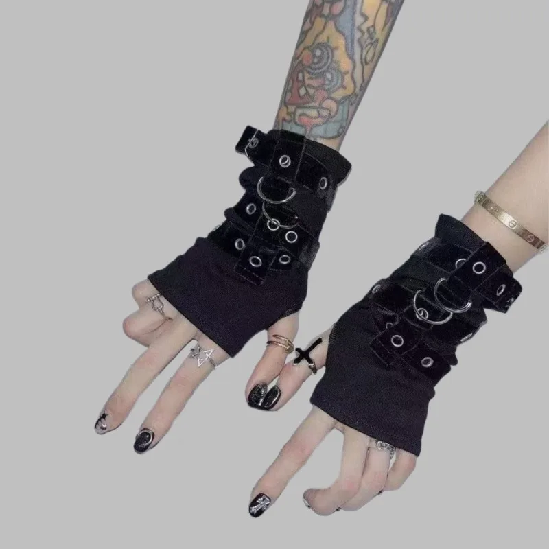 1 Stück Y2K Personalisierte Schnallen-Handschuhe im Punk-Stil für Damen, Gothic-Nieten-Fingerlose Handschuhe, Hip-Hop-Style Bühnen- und Streetdance-Ärmel – Detail 9