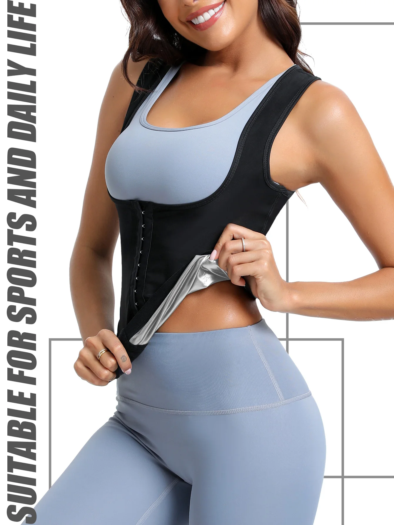 Women Sleeveless Sauna Sweat Vest Silver Inner Lining Hook‑and‑Eye Adjustable Workout Tank Top Tummy Control Sweat Enhancer Gym
