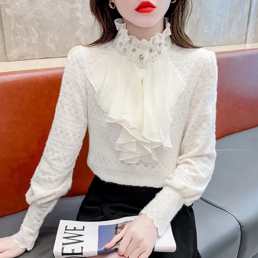 Fashionable Long Sleeve Lace Base Shirt Women's Outerwear Autumn Stylish Design Trendy Top Quality Material Sleeveless E11271