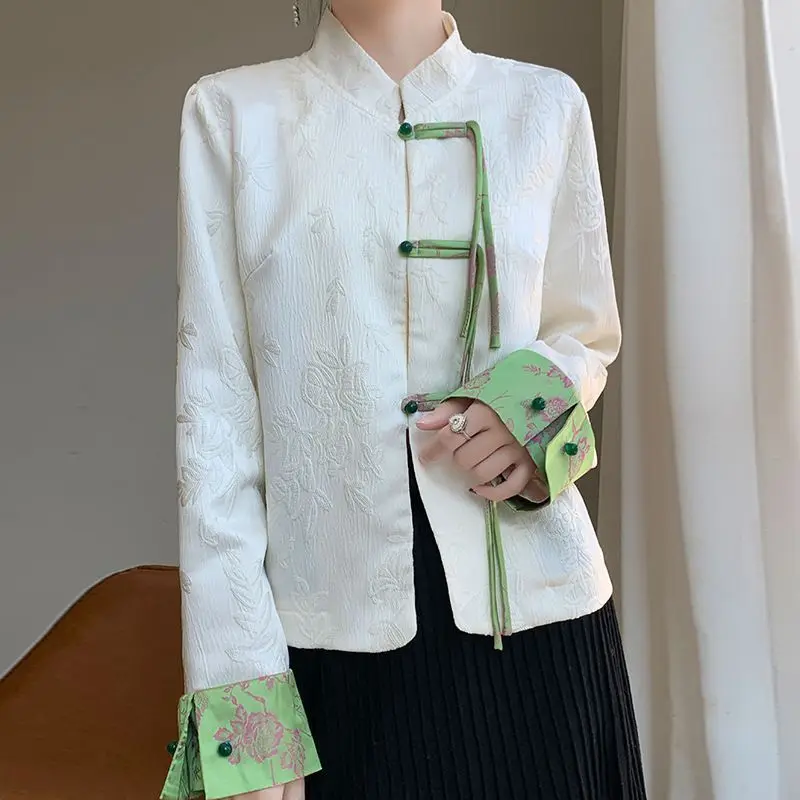 

Pink Imitation Silk New Chinese Jacquard Silk Suit Jacket New Versatile Jacket For Spring Autumn Frog Button Blazer White Jacket
