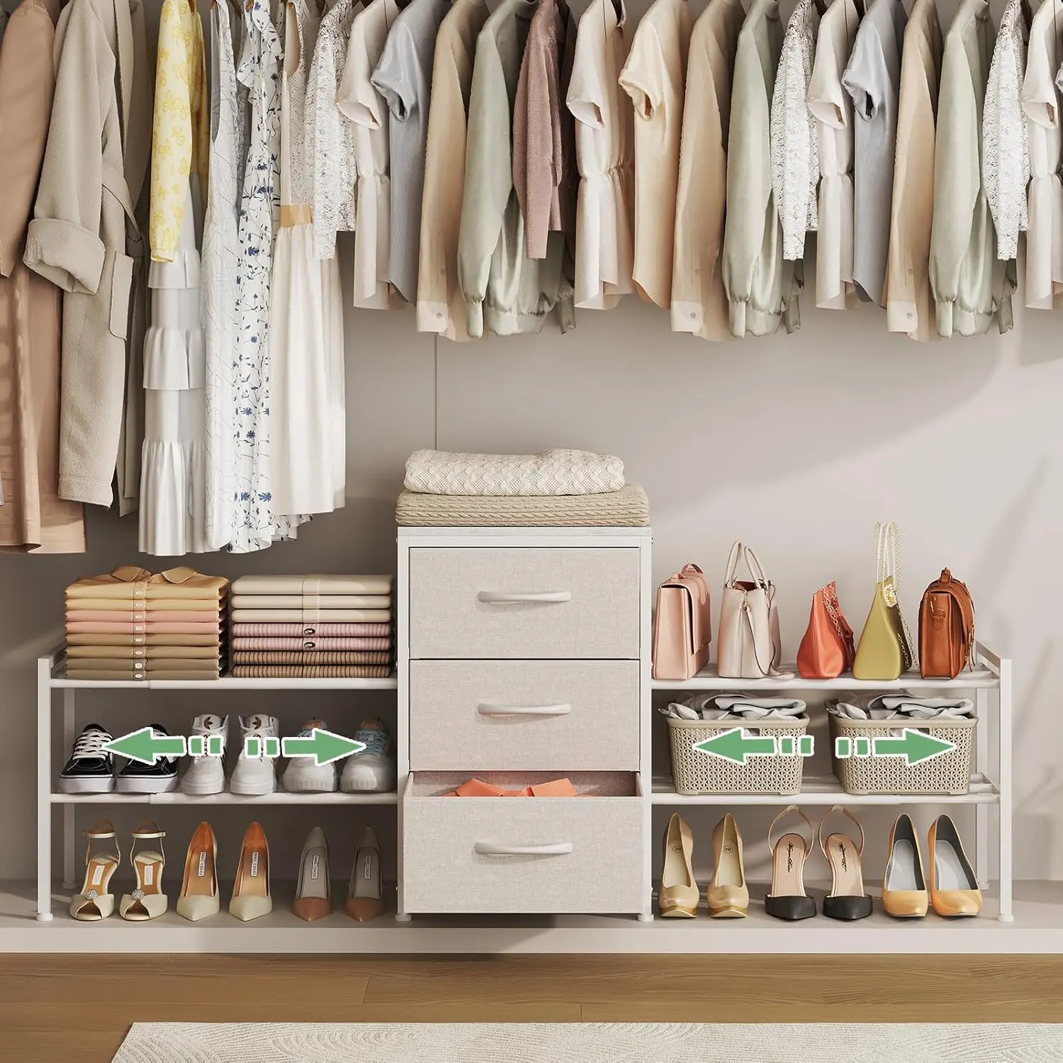 

Expandable Closet Organizer 3 Drawer Dresser White Fabric Storage Shelves for Clothes Shoes Purses 47-71in