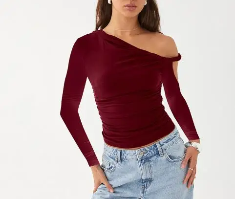 女性の秋の新ソリッドカラーシングルショルダー斜め襟折り非対称セクシーな長袖トップ女性のための