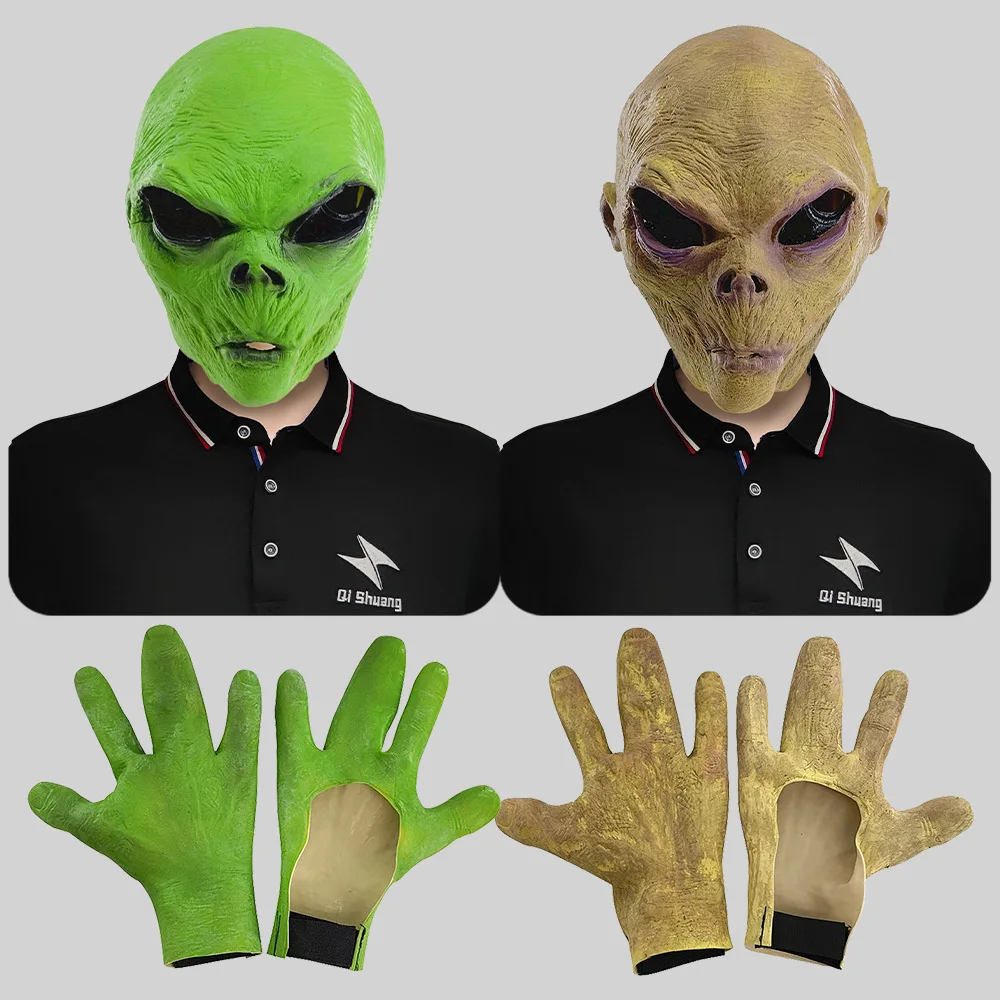 

Green Alien Headgear Latex Gloves Halloween Cosplay Costume Accessories Monster Headwear Day of The Dead Mask Funny Props