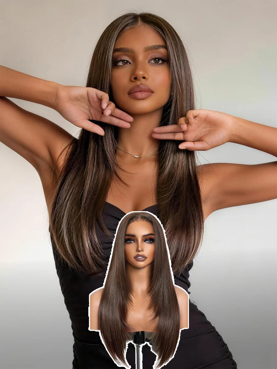 

#4 Chocolate Brown Bone Straight Dark Brown Human Hair Wigs 40 Inch & 200% Density HD Transparent Skin-melt Swiss Lace Frontal Wig For Women