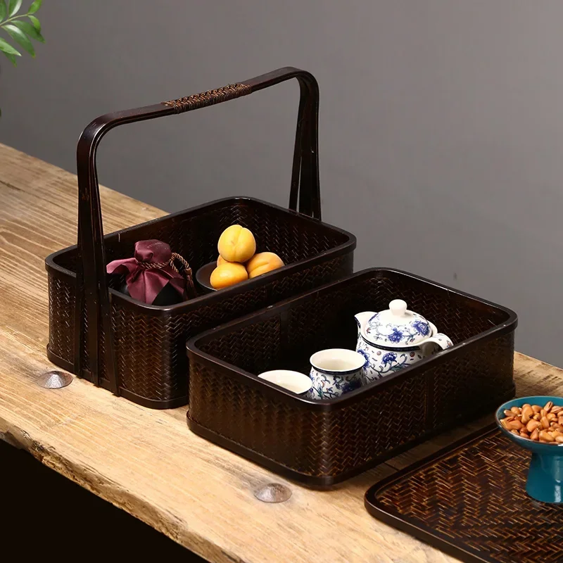 Handmade bamboo retro basket tea set storage box portable travel suitcase Chinese food box hotel picnic bamboo basket Hot sales