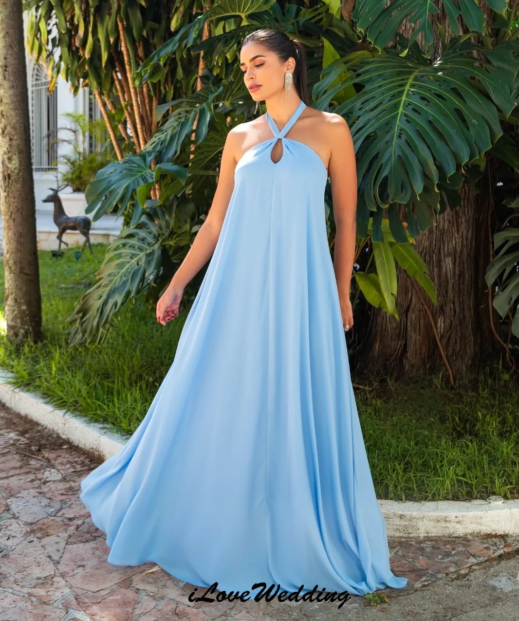 スカイブルーシフォンイブニングドレス 2025 ホルターウェディングパーティードレス女性のためのエレガントな床の長さの背中の開いたセクシーなリボンカスタマイズ