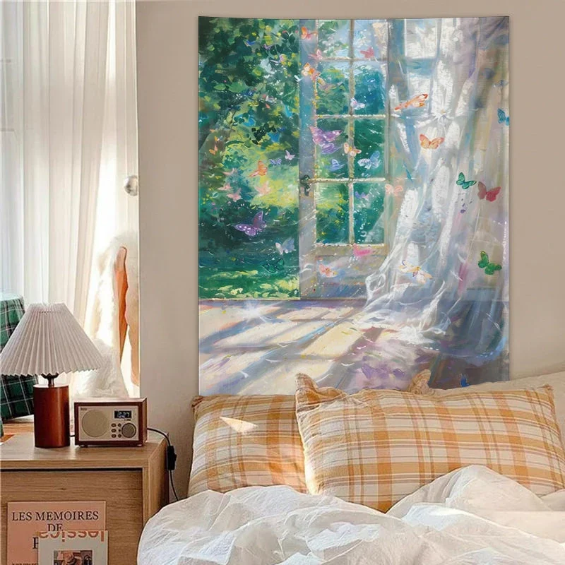 VIKAMA Window Green Garden Flowers Tapestry Wall Hanging, 6 Designs, Wall Decor for Bedroom Living Room Dorm