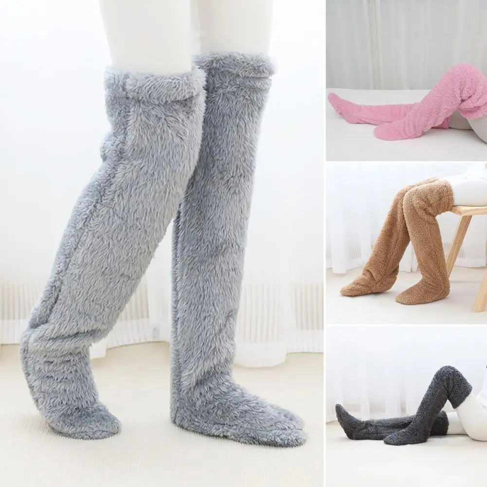 Cozy Thigh High Socks Fuzzy Thigh-high Socks Plush Over Knee Leg Warmers Thickened Fluffy Slipper Socks with Sole Holes Winter