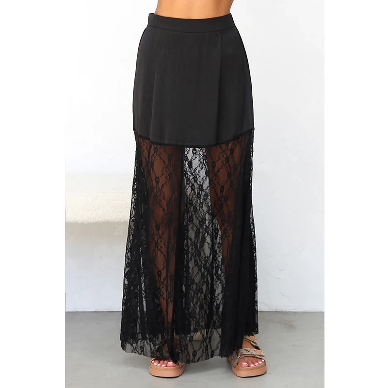 Women Long Skirt Black Sheer Floral Lace See Through Straight Skirt High Waist Flowy Bohemian Mesh Layer Skirts Streetwear