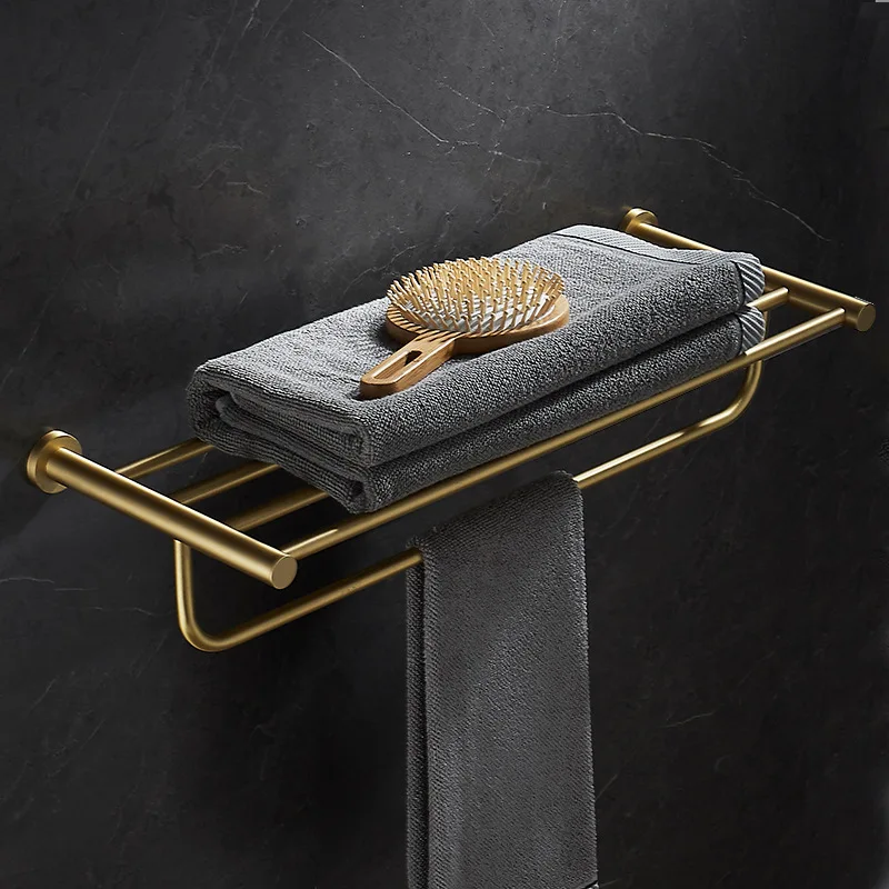 Luxury Brass Towel Rack Full Copper Double Layer Bathroom Towel Bar Wall Mounted Storage Hardware