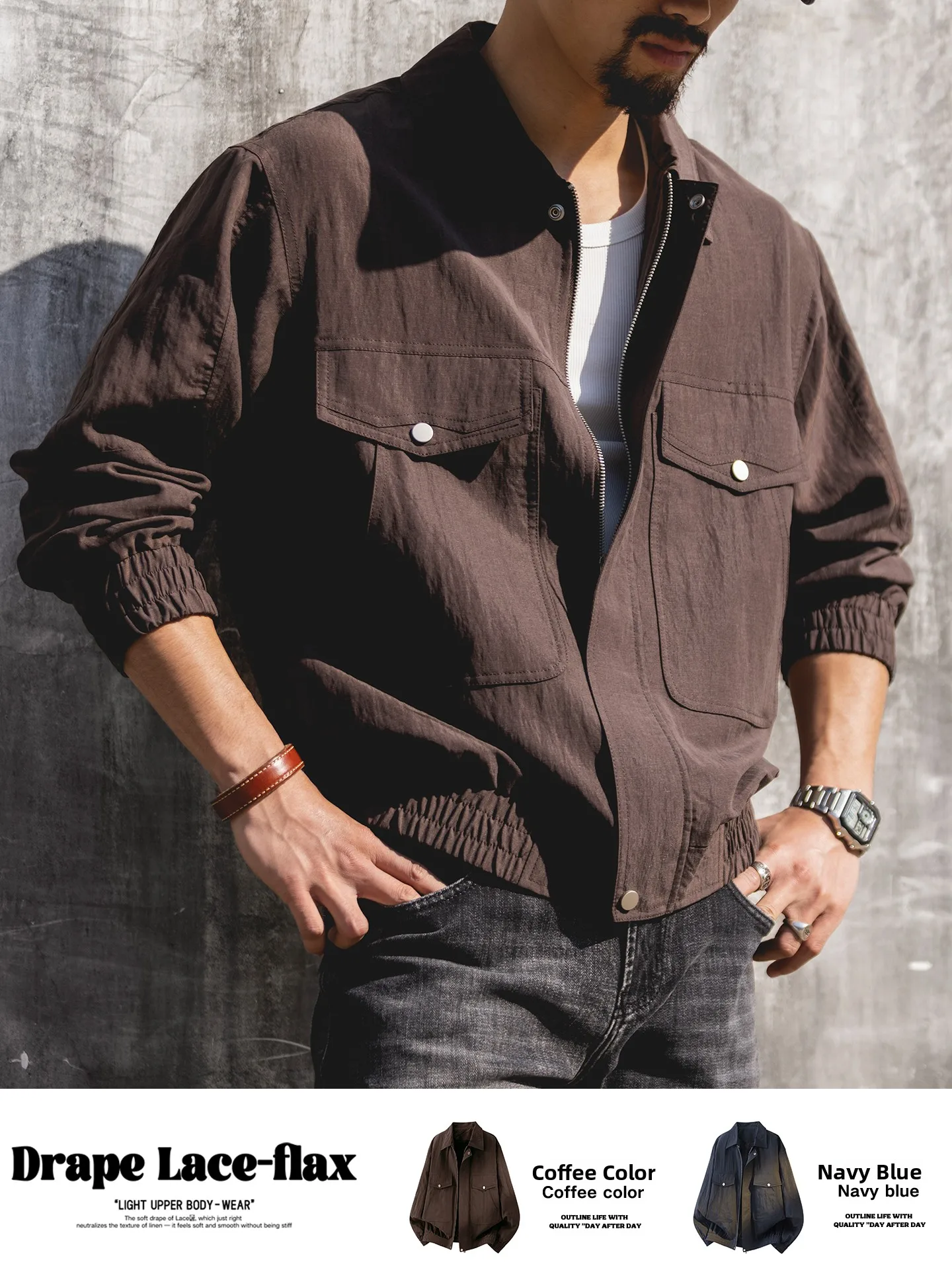 American Style Collarless Short Jacket Men's Loose Fit Large Size Workwear Coat Mixed Flax Linen Polyester Spring Autumn