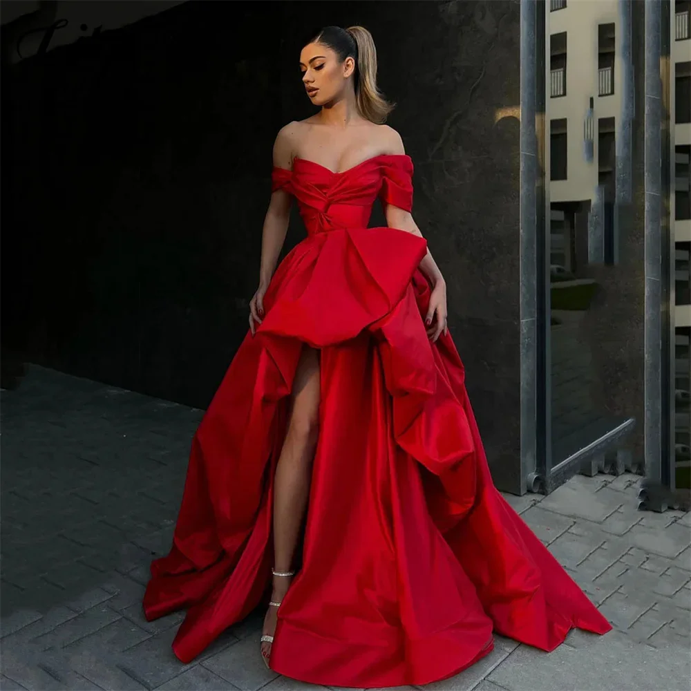 

Off the Shoulder Red Prom Dresses Side Split Pleat A Line Evening Dress V Neck Formal Occasion Dresses Stain فساتين الحفلات