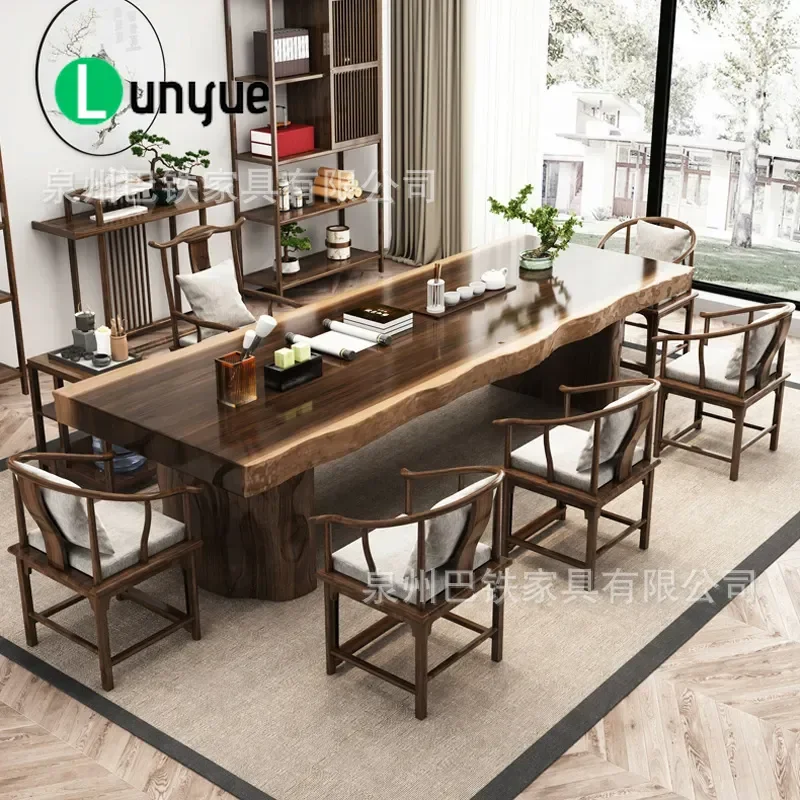New Chinese Style Solid Wood Tea Table Set Large Board Office Tea House Reception Furniture Durable Natural Wood Complete Set