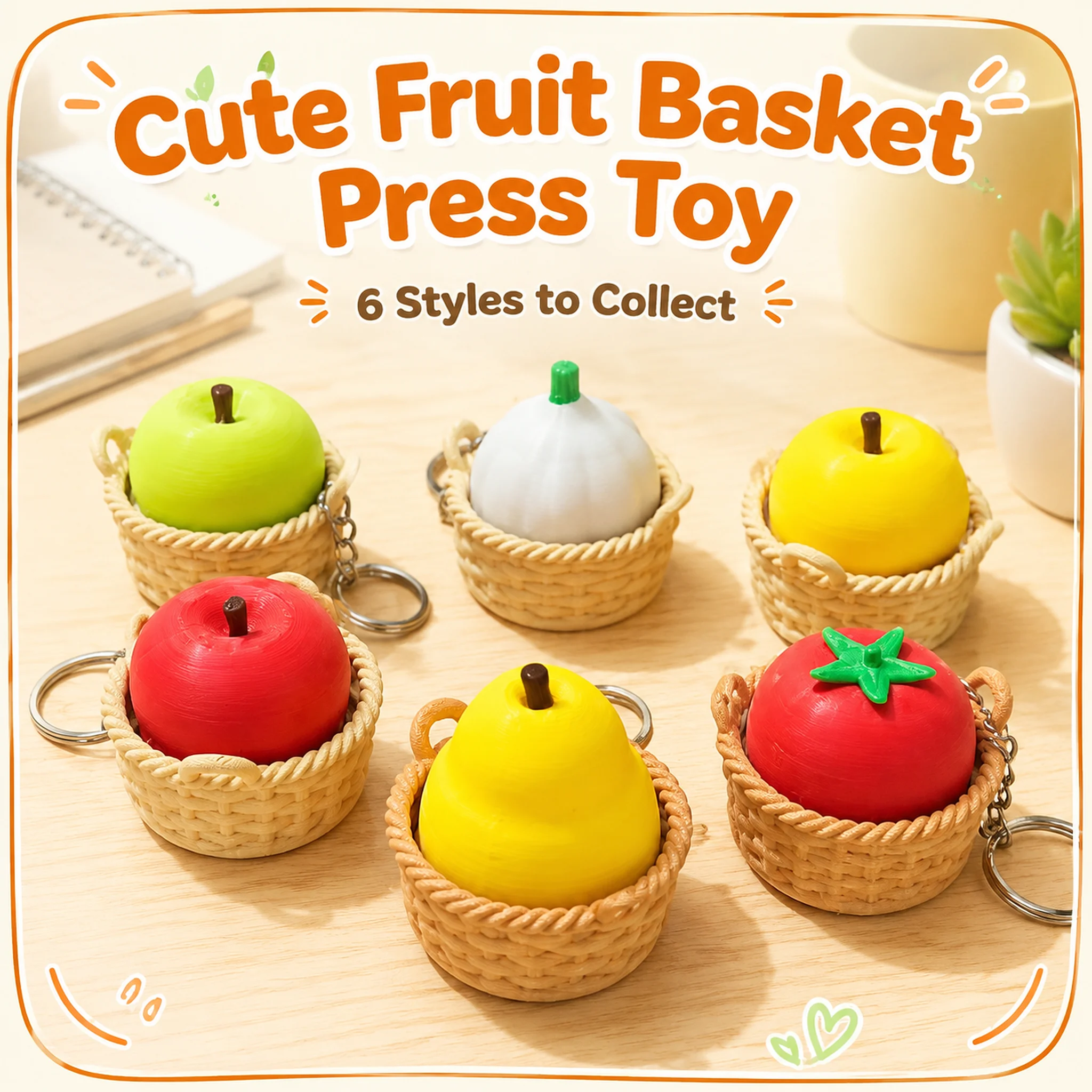 3D Printed Simulated Fruit Press Keychain, Fruit Basket, Stress Relief Keychain, Collectible, Children's Desktop