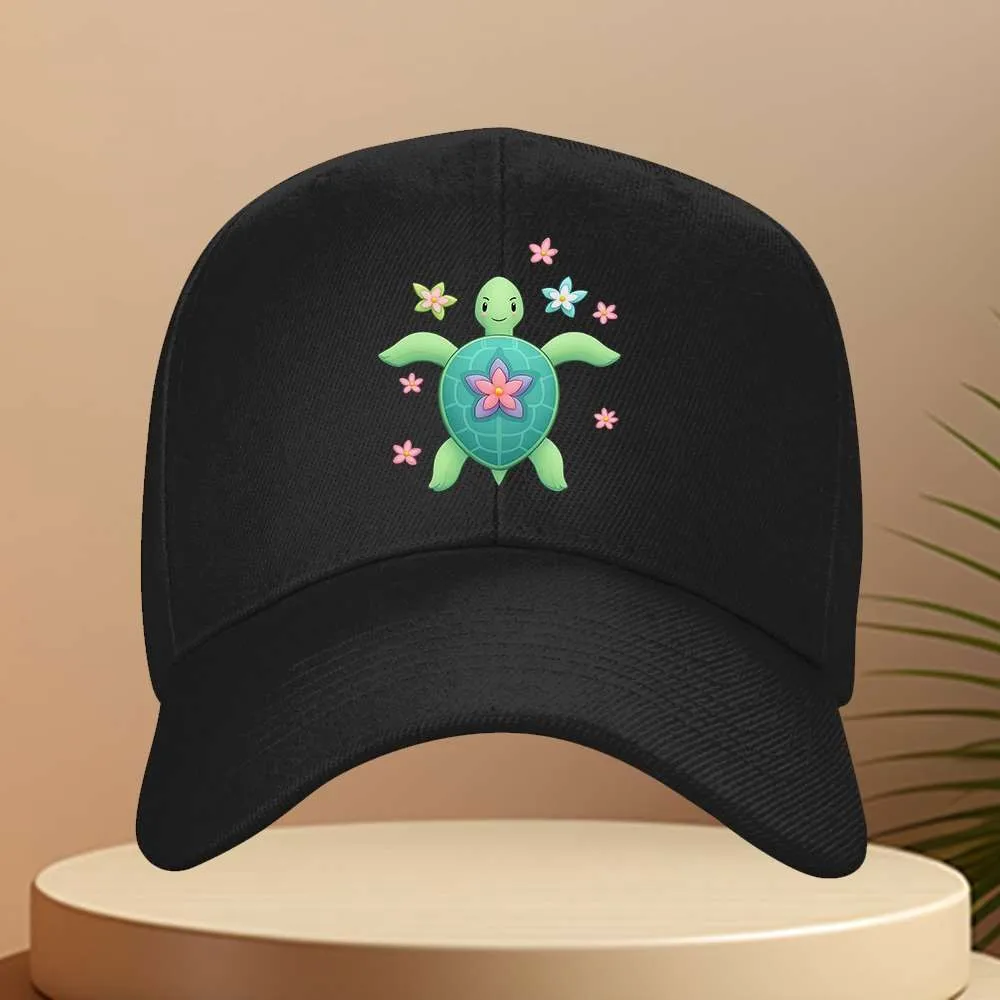 Green Sea Turtle Floral Baseball Cap Marine Life Casual Black Sun Hat Unisex Adjustable