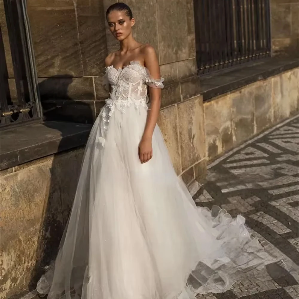 Customized New Sweet Wedding Dress For Woman Bride Flowers Appliques Sleeveless A-Line Tulle Beach Floor-Length Bridal Gown