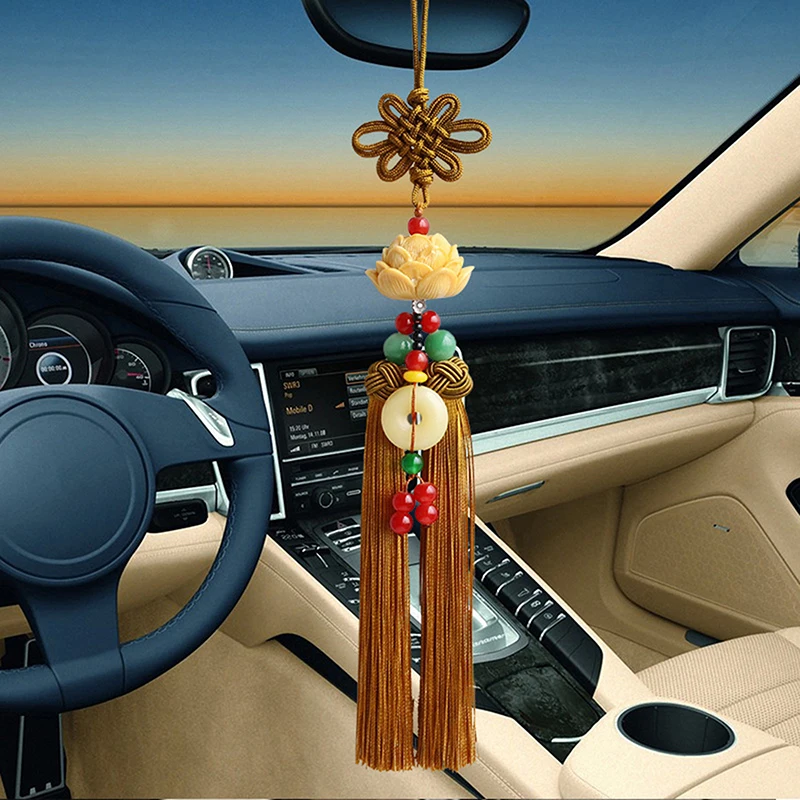 Chinese Knot Natural Obsidian Carved Lotus God of Fortune Amulet Lucky Pendant Silk Tassel Ornaments Gift keychain Jewelry