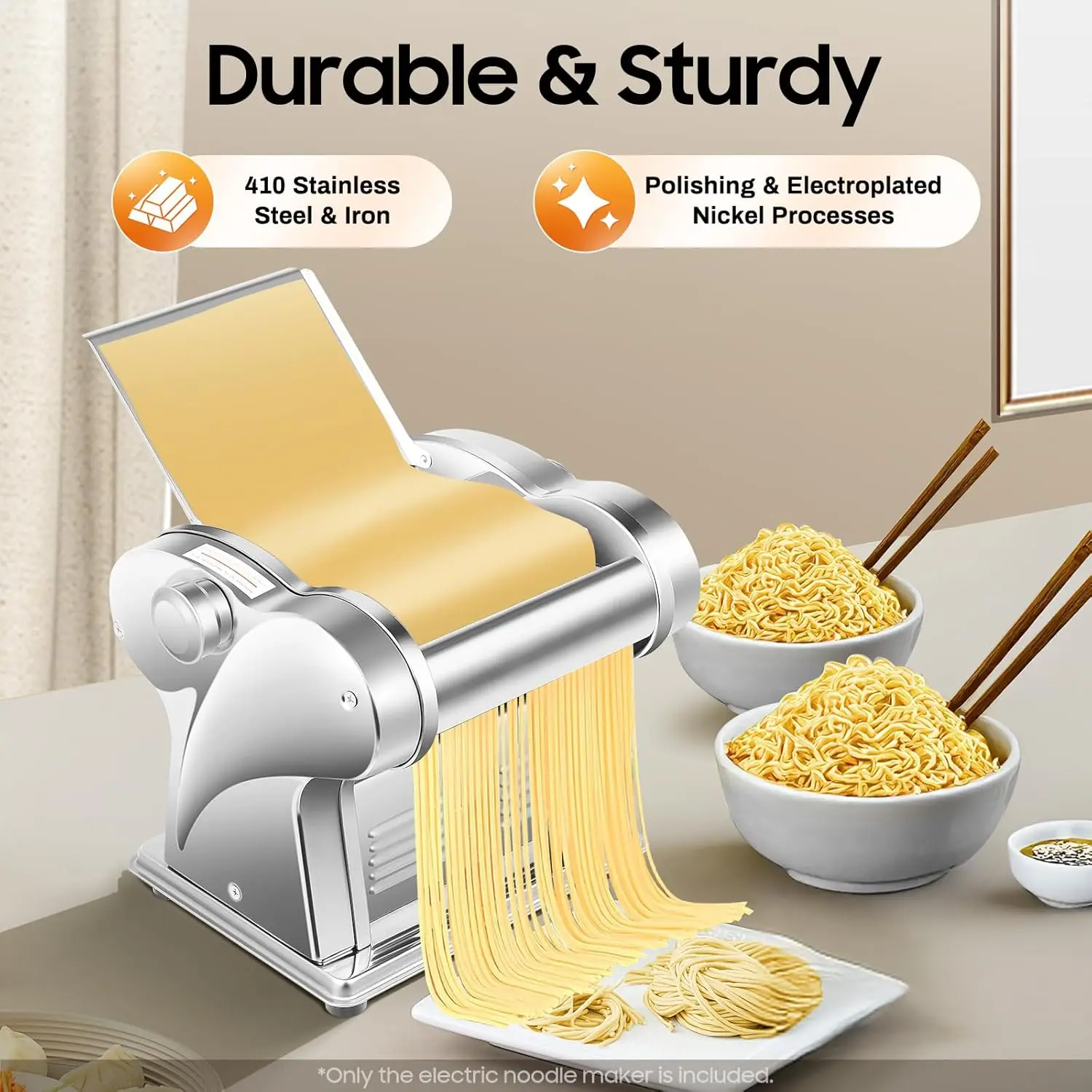 Commercial Electric Dough Sheeter 135W Automatic Pasta Maker 8 Thickness Settings Stainless Steel 4-Year Warranty Noodles Pastry