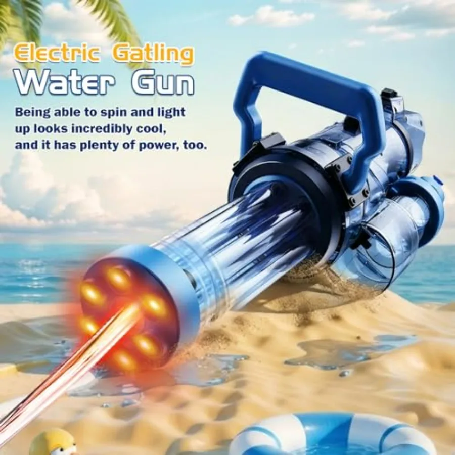 Outdoor pool party electric water gun for adults and kids, transparent ABS plastic with blue color, LED light and automatic fir