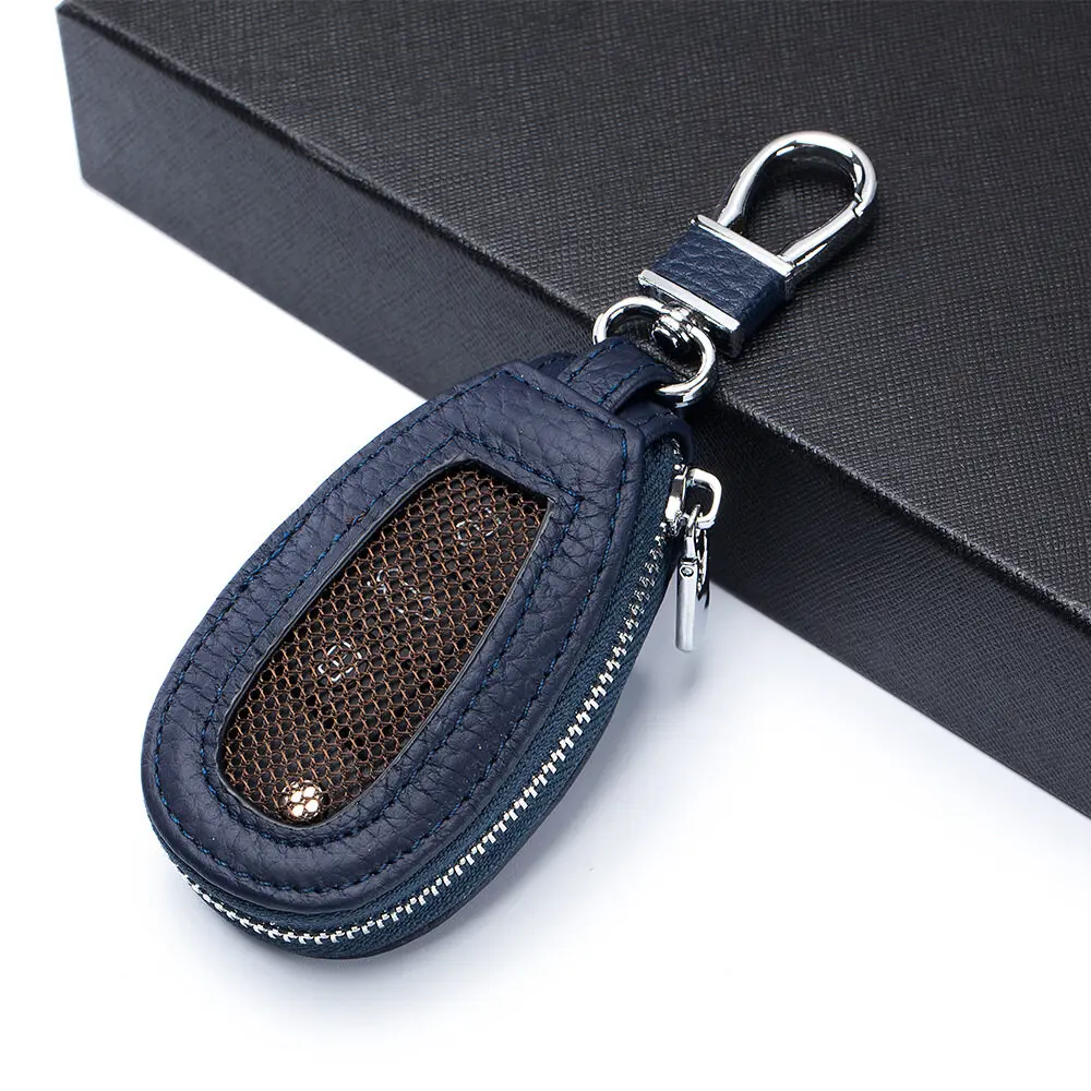 Genuine Leather Car Key Pouch Mens Sunroof Button Universal Key Holder Womens Remote Control Keys Storage Zipper Bag