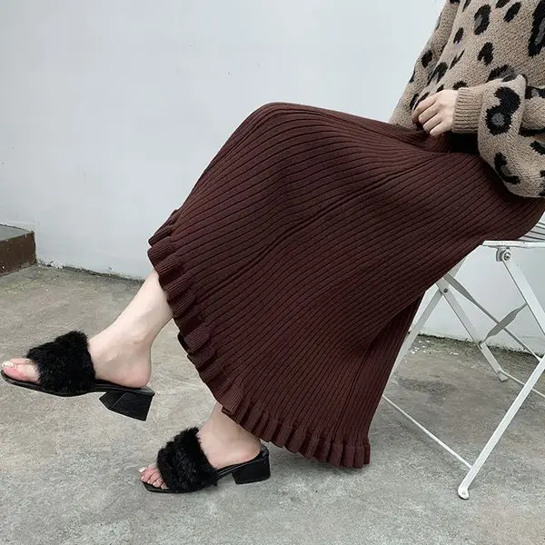 

Pleated Skirt Female Solid Color Mid-length Skirt Women Spring Autumn High Waist Knitted A-line Wool Long Skirt Urban Style L138