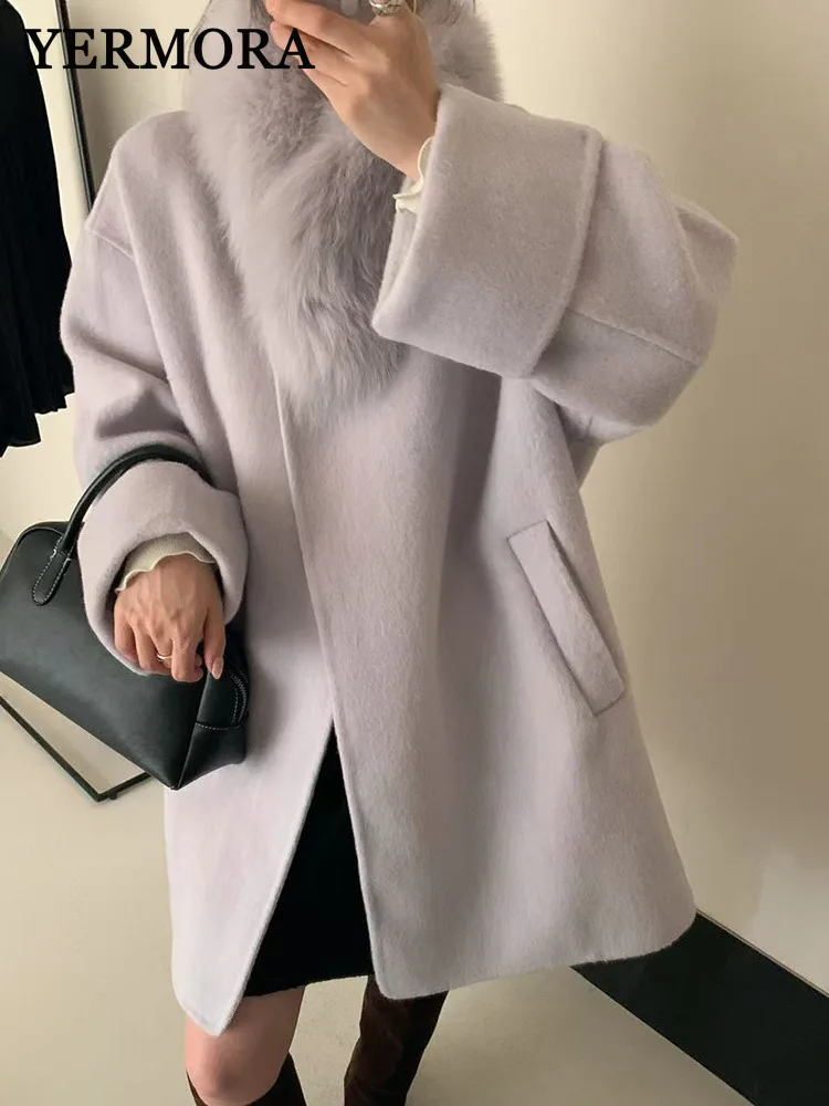 

YERMORA женское элегантное шерстяное пальто со съемным меховым воротником и длинными рукавами, новое свободное теплое пальто, модное пальто Tdie, осень-зима 2025