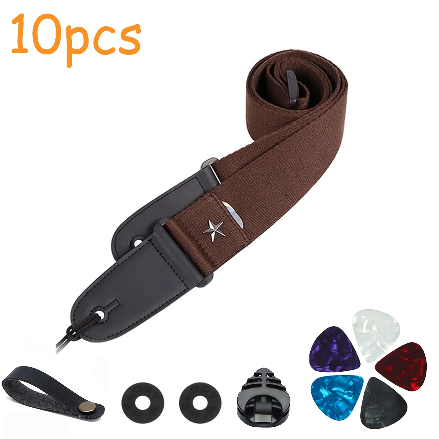 10pcs Guitar Strap with Pick Holder Star Shoulder Straps Adjustable Leather Ends,Include 5 Guitar Picks and 1 Hold and 2 Washers