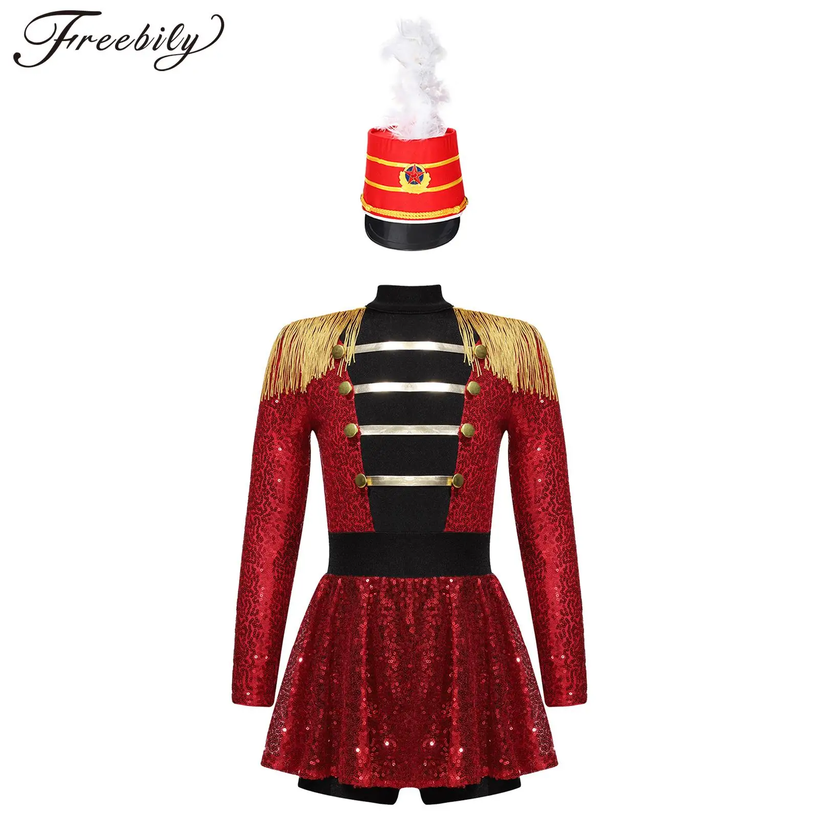 Kids Girls Drum Major Costume Royal Honor Guard Marching Band Uniform Sequins Tassel Bodysuit Jumpsuit Circus Cosplay Dress Up