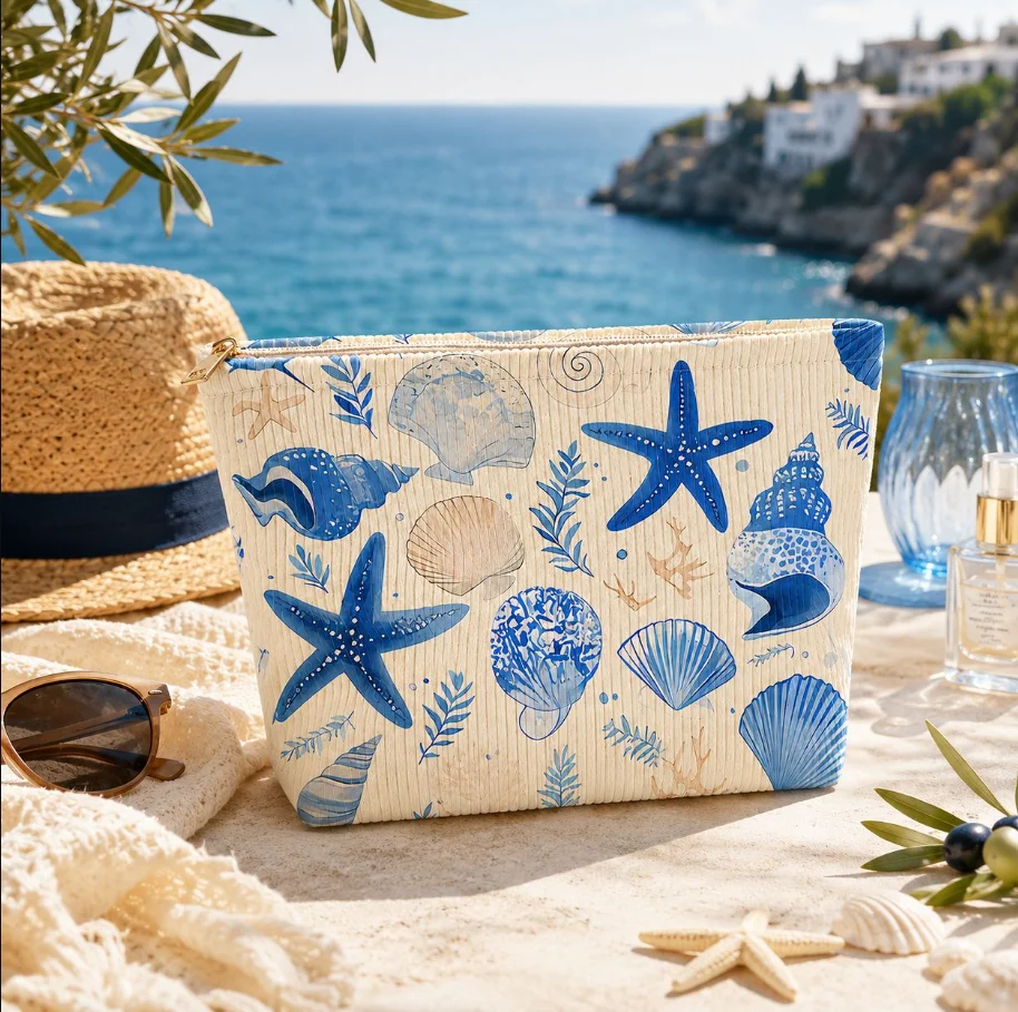 Summer Ocean Beach Shell Denim Makeup Bag - Large Capacity Portable Storage Case for Beauty Essentials