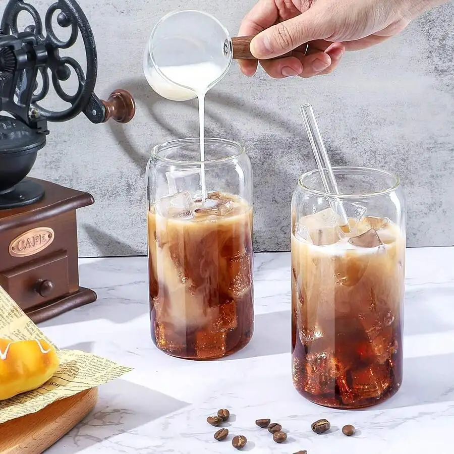 12PCS Glass Coffee Cup Set With Lid, 16OZ/480ML Glass Cup, Iced Coffee Cup, Glass Cup With Bamboo Lid, Exquisite Water Cup, Reus