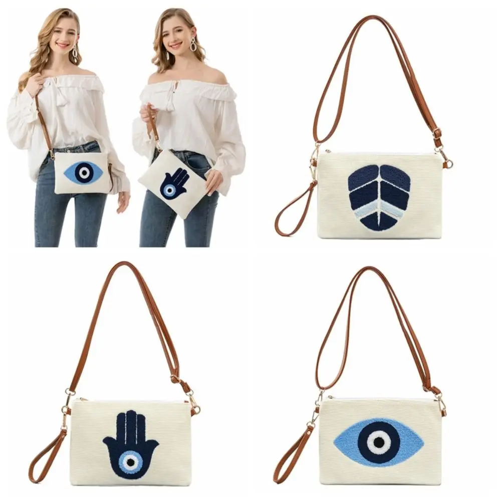 Casual Bag Embroidered Demon Eye Crossbody Bag Soft PU Rope Blue Eye Handbag Palm Pattern White Cotton Shoulder Bag School