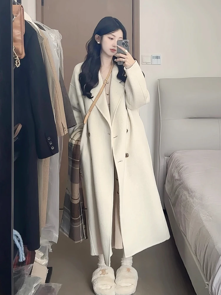 

Autumn Winter Double-Sided Cashmere Coat Women's Unique Long Length Woolen Outerwear Commute Style Korean Version