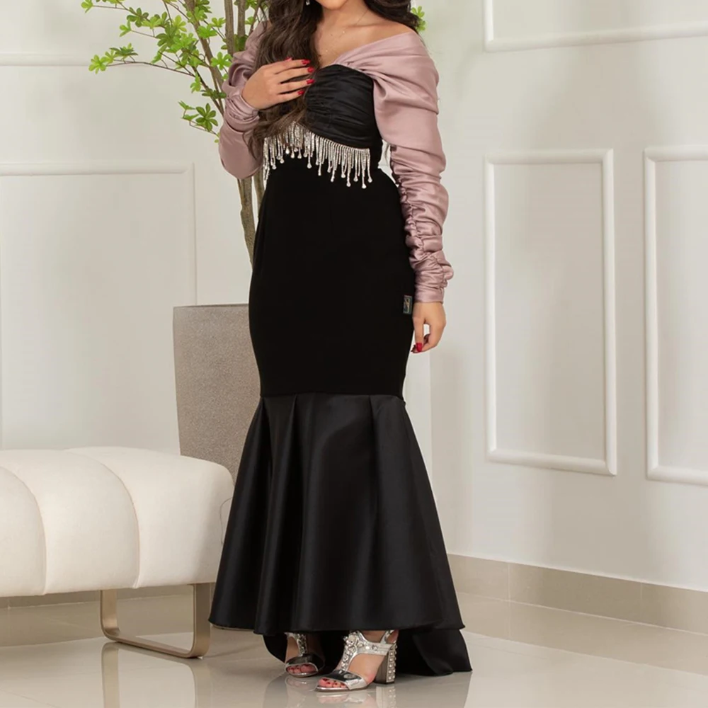 

Temperament Beading Contrast Color Boat Neck Ankle Length Mermaid Satin Off the Shoulder Long Sleeves Vestidos de fiesta