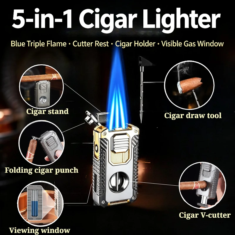 5-in-1 Triple Jet Flame Cigar Lighter with Built-in V-Cutter, Cigar Punch & Cigar Holder, Refillable Windproof Torch Lighter