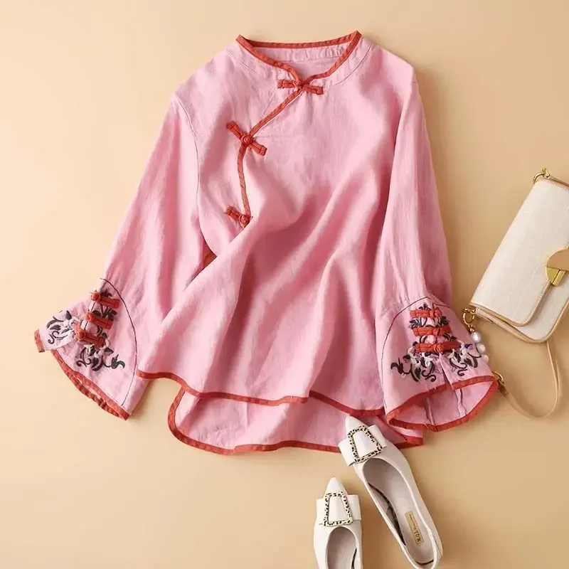 

2025 New Spring Women's Shirt Chinese Style Trendy Artistic Embroidery Loose-fit V-neck Top for Women Fashionable Clothes